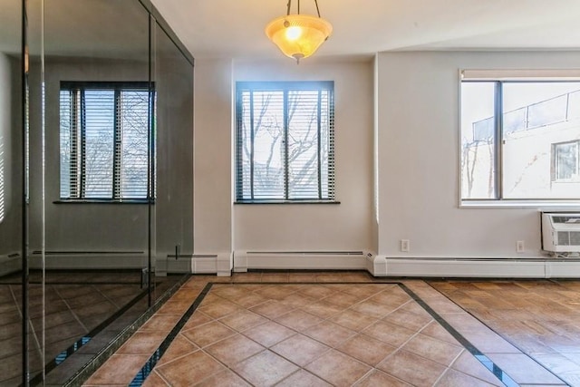 doorway to outside with light tile patterned flooring and an AC wall unit