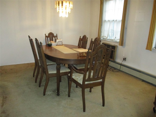 carpeted dining space featuring an inviting chandelier and a wall mounted air conditioner