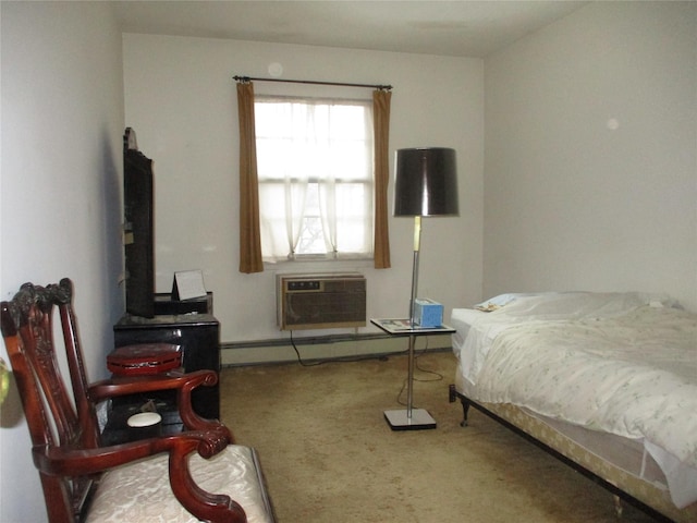 carpeted bedroom with baseboard heating and a wall mounted air conditioner