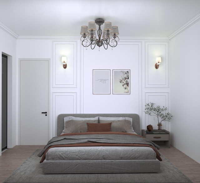 bedroom featuring a chandelier, wood finished floors, and ornamental molding