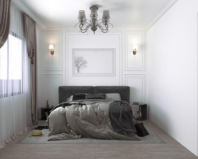 bedroom with a notable chandelier