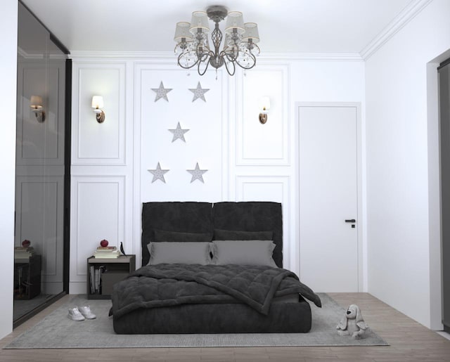 bedroom with a notable chandelier and crown molding