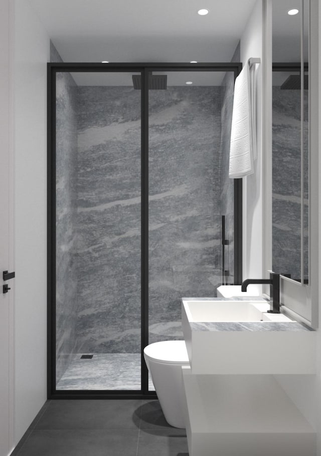 bathroom with vanity, recessed lighting, a stall shower, tile patterned floors, and toilet