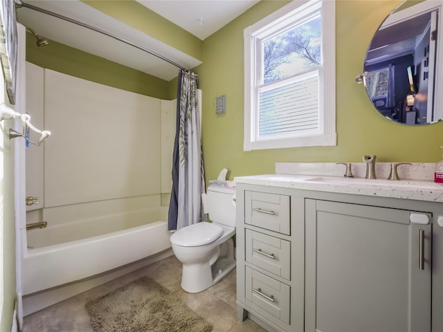 full bathroom featuring shower / bath combo, vanity, and toilet