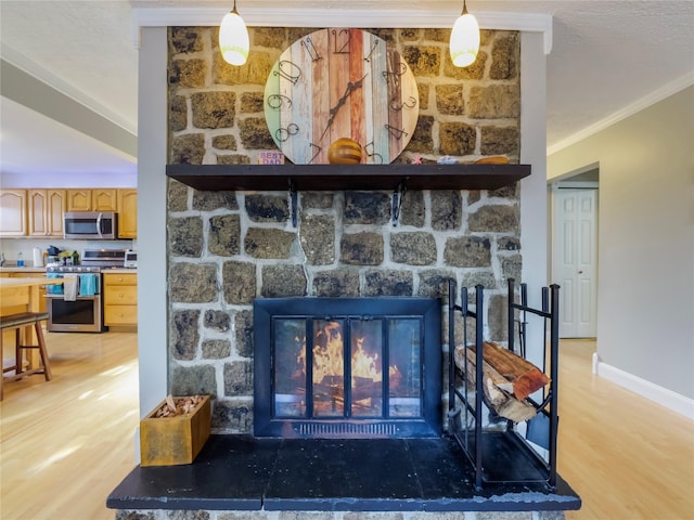 interior details featuring crown molding, appliances with stainless steel finishes, hardwood / wood-style floors, and a stone fireplace