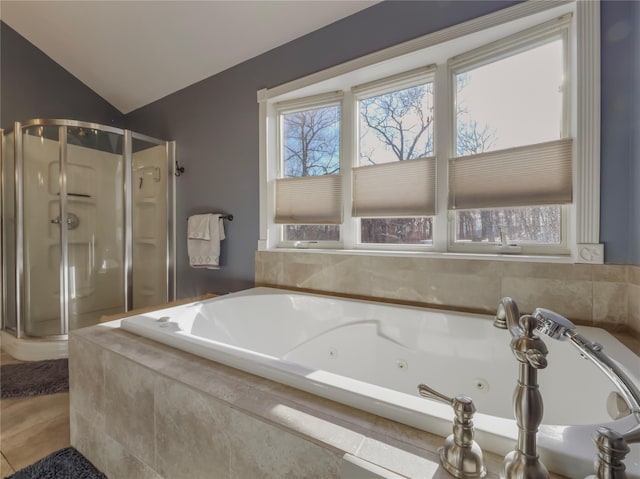 bathroom with plus walk in shower and lofted ceiling