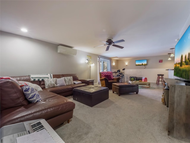 carpeted living room with a wall mounted AC and ceiling fan