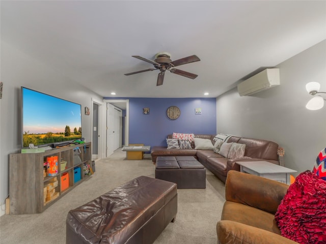 living room featuring light carpet, an AC wall unit, and ceiling fan