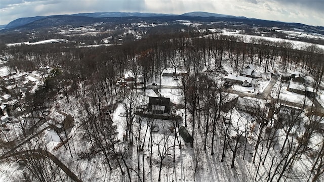 snowy aerial view featuring a mountain view