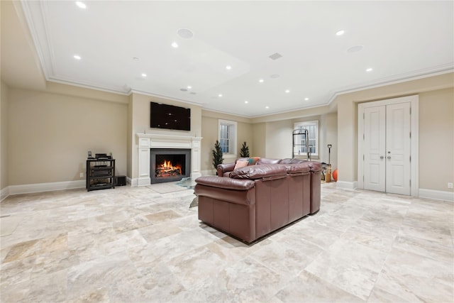 living room with ornamental molding