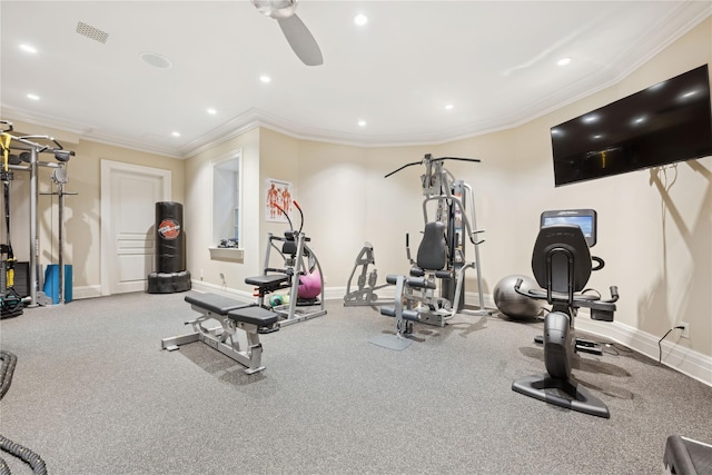 exercise room featuring crown molding and ceiling fan