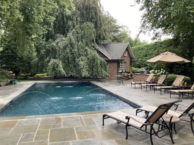 view of swimming pool with pool water feature and a patio area