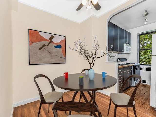 dining room featuring wood-type flooring and ceiling fan