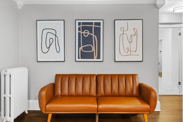 sitting room with hardwood / wood-style floors, crown molding, and radiator heating unit