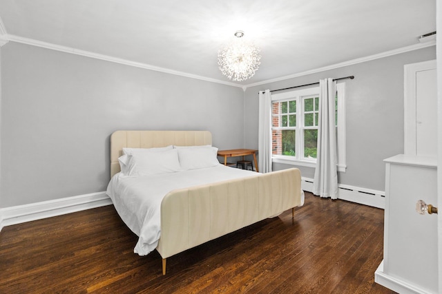 bedroom featuring dark wood-type flooring, a baseboard radiator, ornamental molding, and a notable chandelier