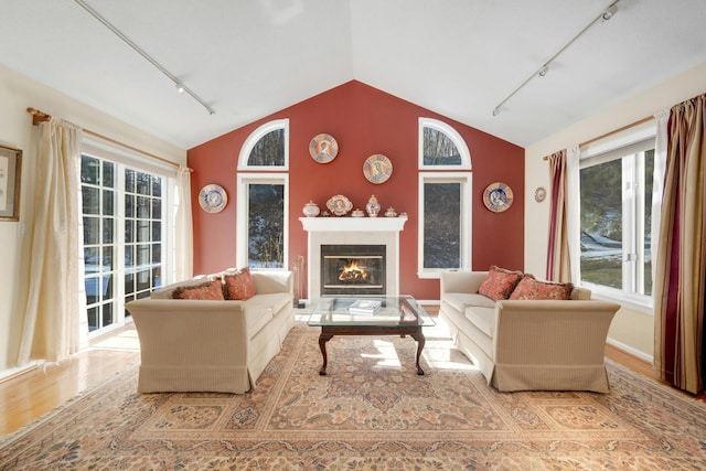 living room with lofted ceiling, rail lighting, and light hardwood / wood-style floors