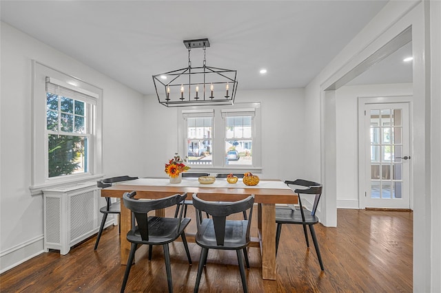 dining area with radiator heating unit, a wealth of natural light, and dark wood-type flooring