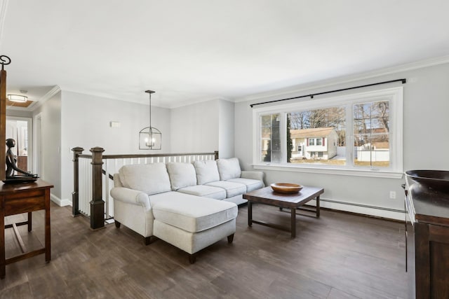 living room with crown molding, a baseboard radiator, dark hardwood / wood-style flooring, and a chandelier