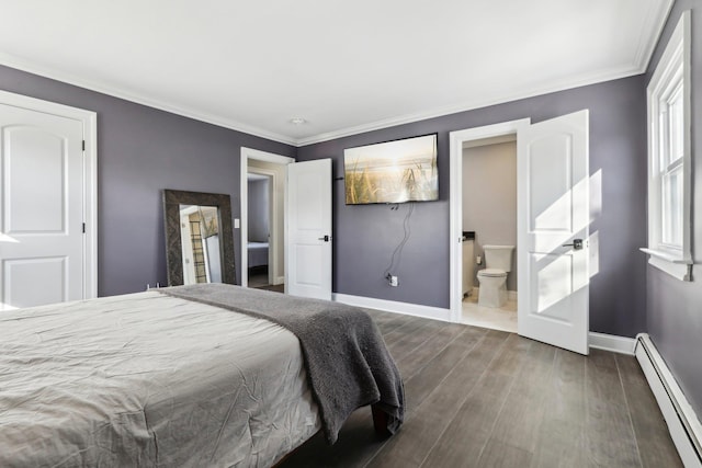 bedroom featuring a baseboard radiator, ornamental molding, dark hardwood / wood-style flooring, and ensuite bathroom