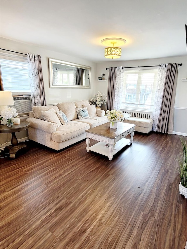 living room with dark wood-type flooring and cooling unit