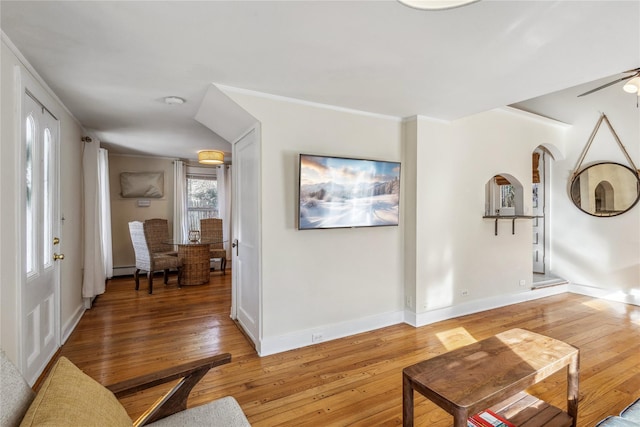 living room featuring ceiling fan and light wood-type flooring