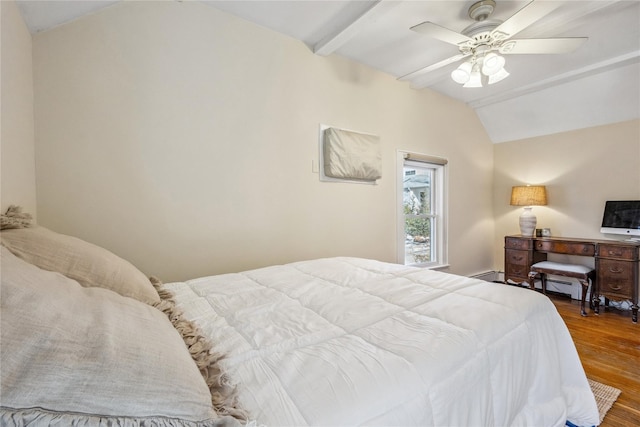 bedroom with wood-type flooring, lofted ceiling with beams, ceiling fan, and baseboard heating