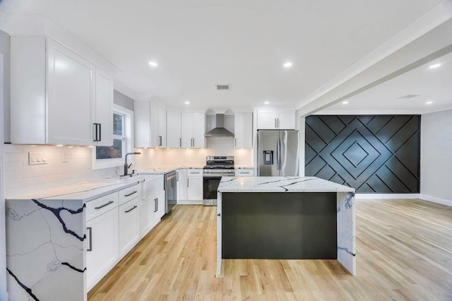 kitchen featuring appliances with stainless steel finishes, white cabinetry, decorative backsplash, a center island, and wall chimney exhaust hood