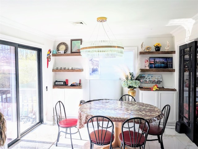 dining space with marble finish floor, visible vents, and crown molding