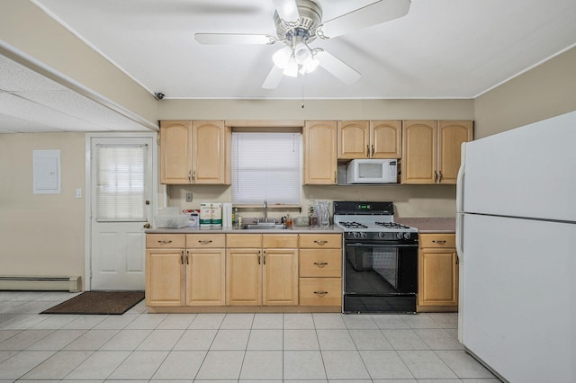 kitchen featuring sink, white appliances, baseboard heating, and light brown cabinets