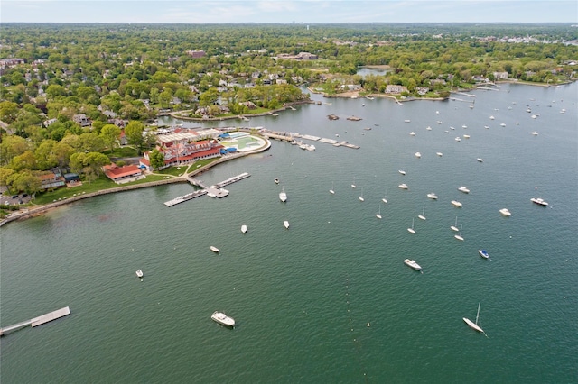 bird's eye view with a water view