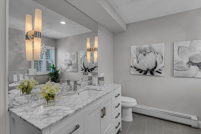 bathroom with vanity, tile patterned floors, toilet, and baseboard heating