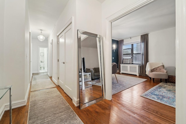 hall featuring wood-type flooring and radiator