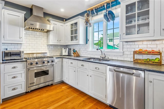 kitchen with sink, appliances with stainless steel finishes, white cabinetry, light hardwood / wood-style floors, and wall chimney exhaust hood