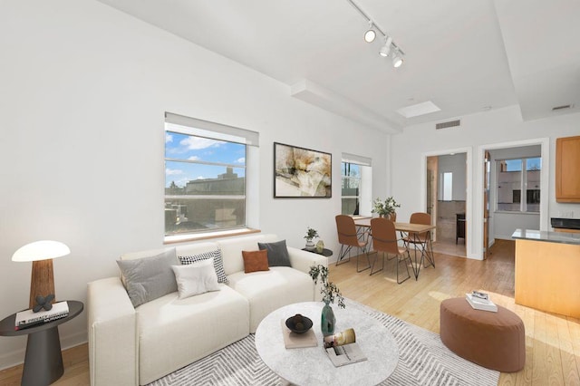 living room with light wood-style floors, visible vents, and plenty of natural light