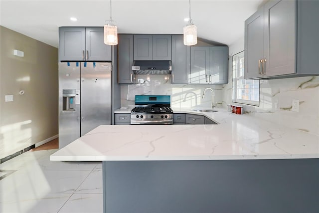 kitchen with sink, hanging light fixtures, kitchen peninsula, stainless steel appliances, and exhaust hood