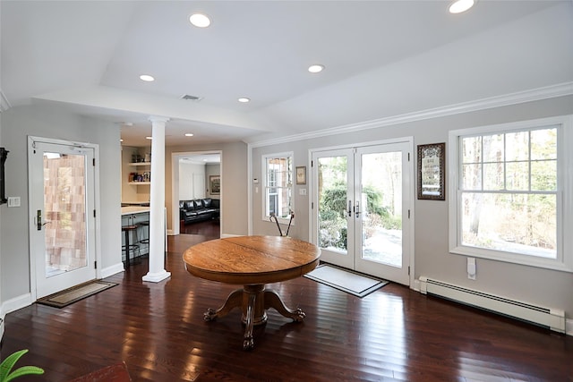 doorway featuring french doors, a baseboard radiator, dark hardwood / wood-style floors, and ornate columns