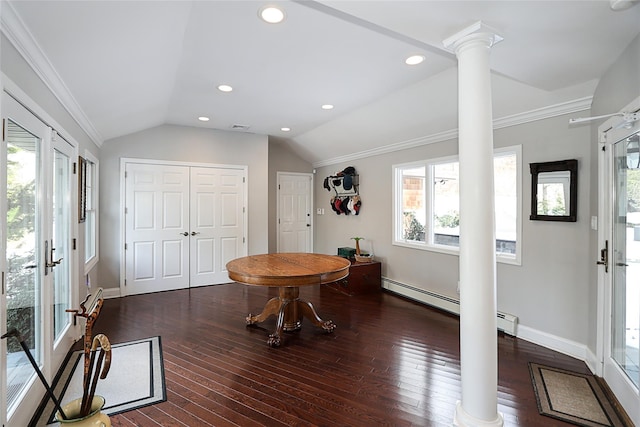 dining area with decorative columns, vaulted ceiling, dark wood-type flooring, and ornamental molding