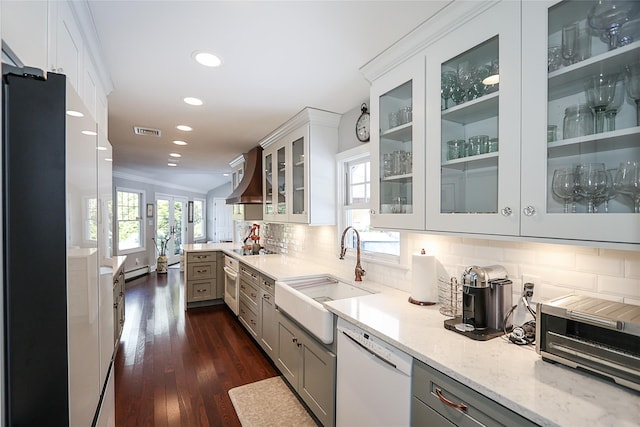 kitchen featuring gray cabinetry, sink, light stone counters, and black appliances