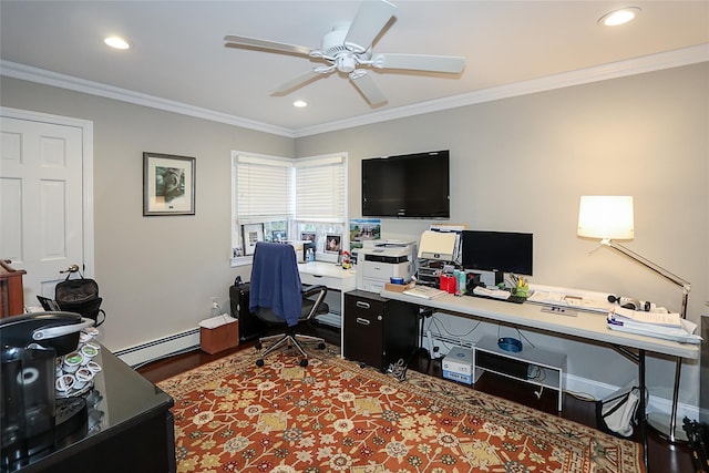 home office featuring baseboard heating, ceiling fan, wood-type flooring, and crown molding