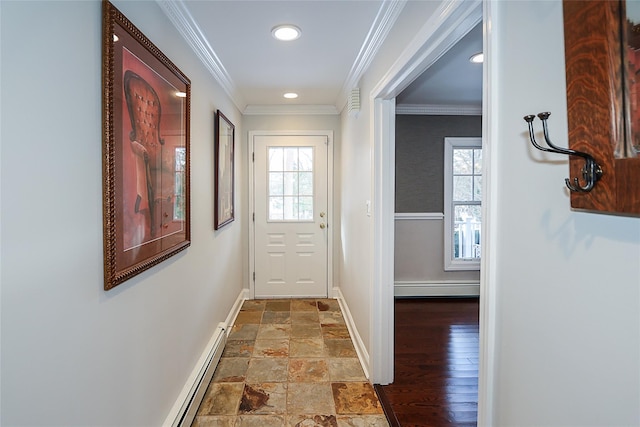 doorway featuring ornamental molding and a baseboard heating unit