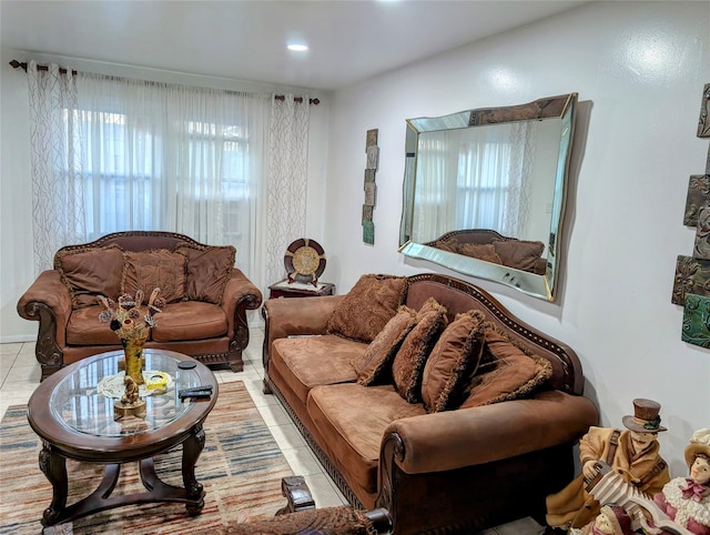 tiled living area with recessed lighting