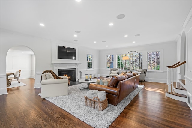 living room featuring ornamental molding and dark hardwood / wood-style floors