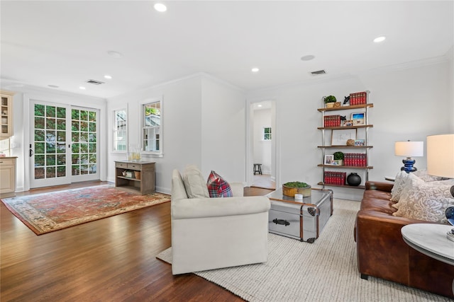 living room with crown molding and wood-type flooring