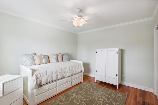 bedroom featuring crown molding, ceiling fan, and dark hardwood / wood-style flooring