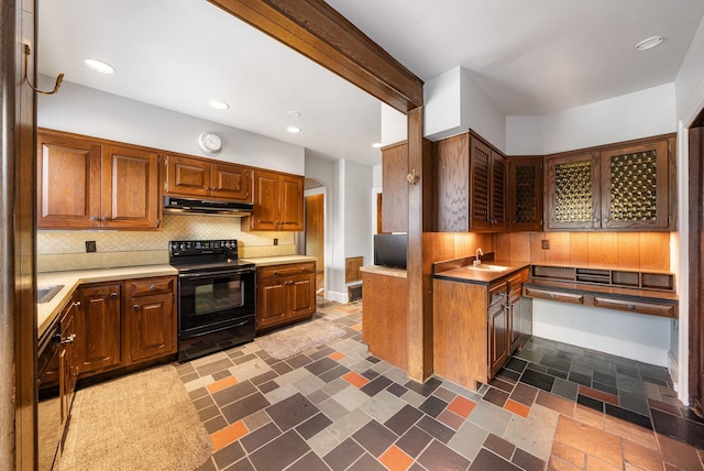 kitchen featuring black range with electric stovetop, sink, and backsplash