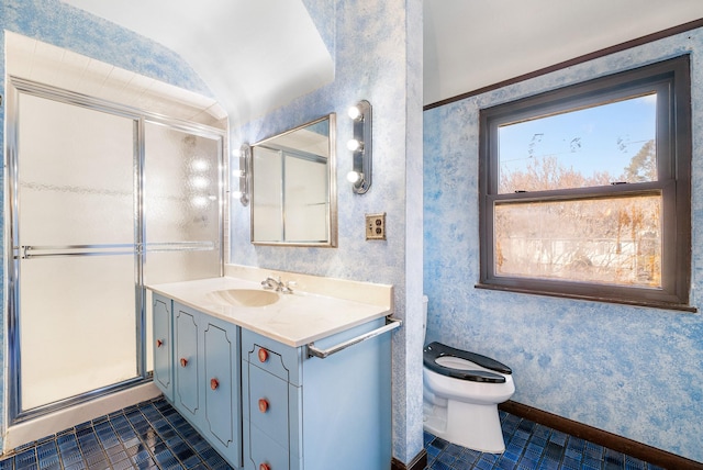 bathroom with vanity, toilet, and a shower with door