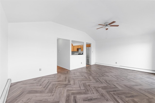 unfurnished living room with a baseboard heating unit, vaulted ceiling, parquet floors, and ceiling fan