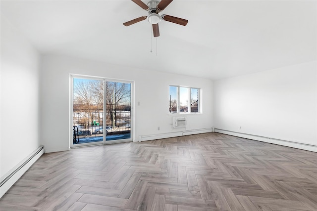 unfurnished room featuring ceiling fan, plenty of natural light, light parquet flooring, and baseboard heating