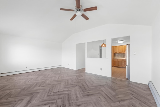 interior space featuring lofted ceiling, parquet floors, ceiling fan, and baseboard heating