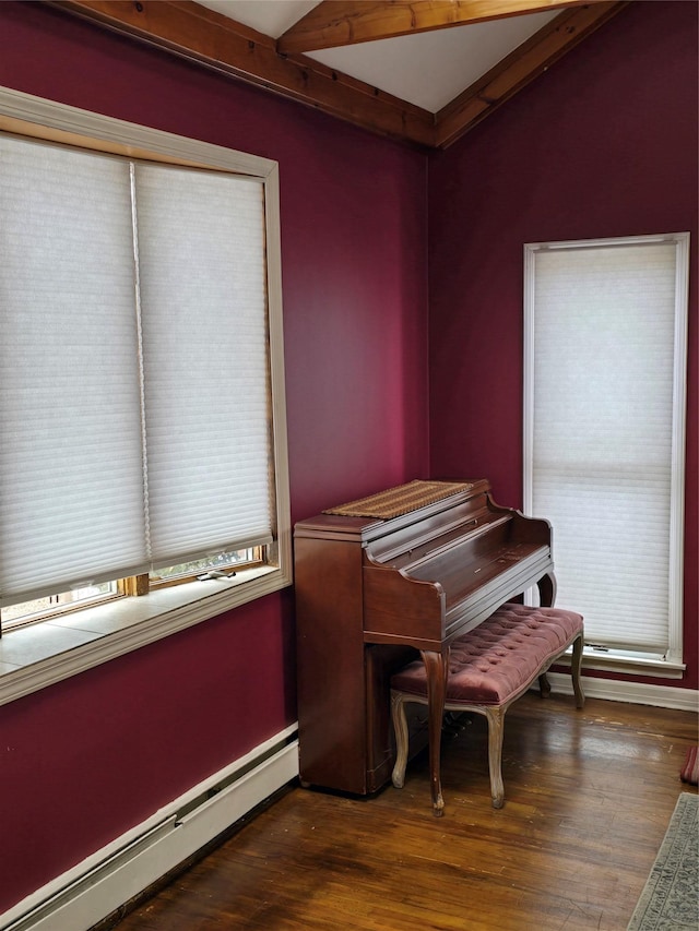 miscellaneous room featuring beamed ceiling, a baseboard radiator, dark wood-type flooring, and a healthy amount of sunlight